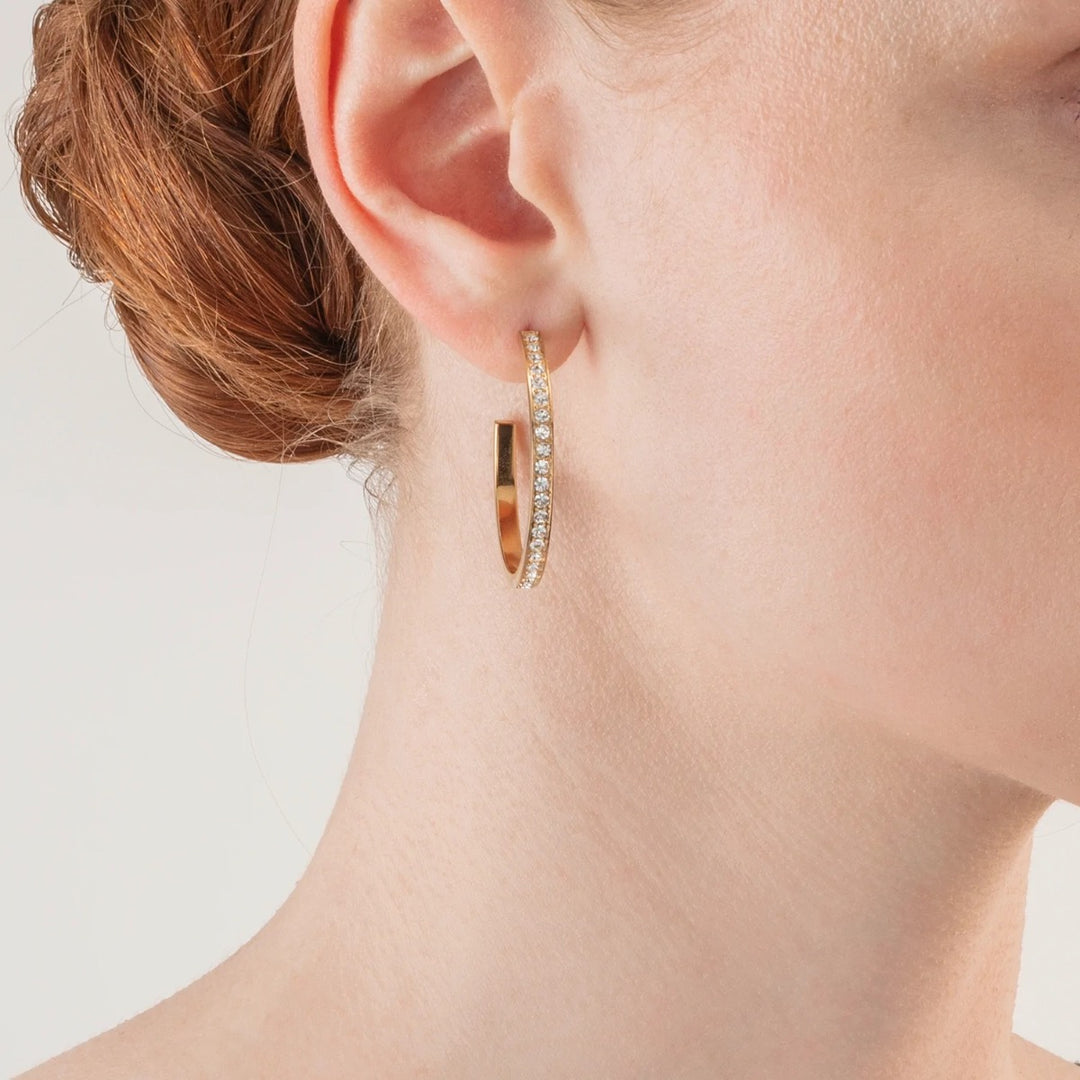 Coeur De Lion Stainless Steel Gold Hoop Earrings Large - White Crystal