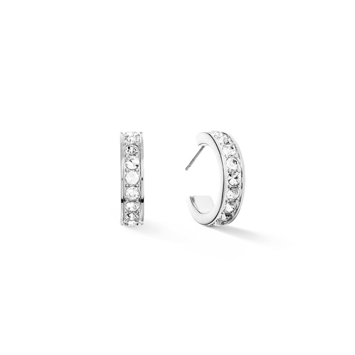 Coeur De Lion Stainless Steel Silver Hoop Earrings Small - White Crystal