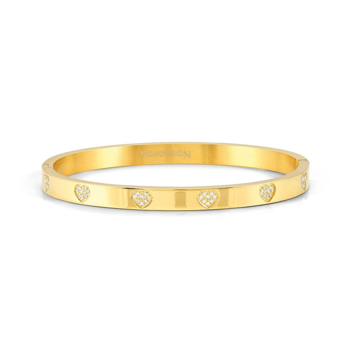 Nomination Pave Zirconia Hearts Gold Tone Stainless Steel Hinged Bangle 029512/006