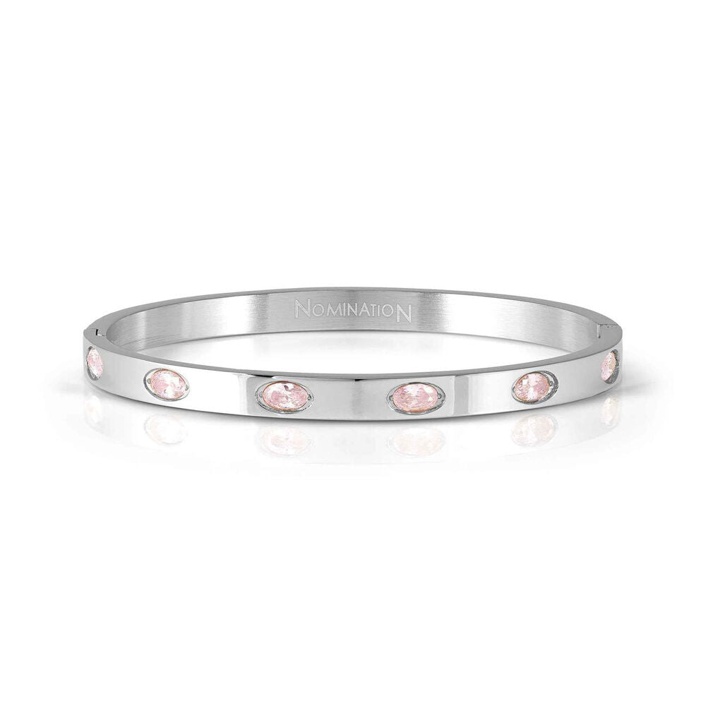 Nomination Zirconia Ovals Silver Tone Stainless Steel Hinged Bangle - Pink. Item code 029517/002