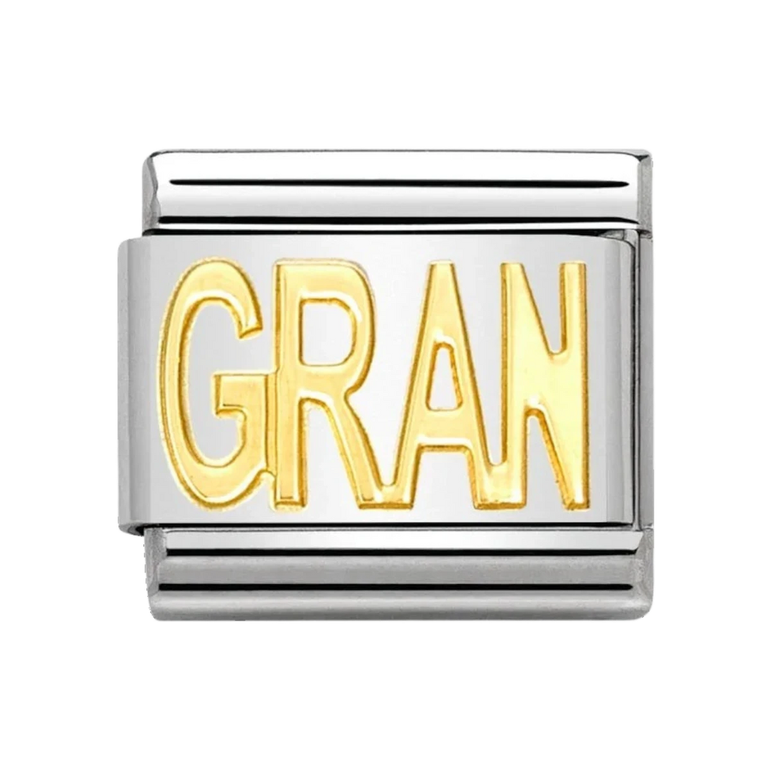 Niche Jewellery Nomination Classic composable charm in stainless steel with 18k gold GRAN lettering.