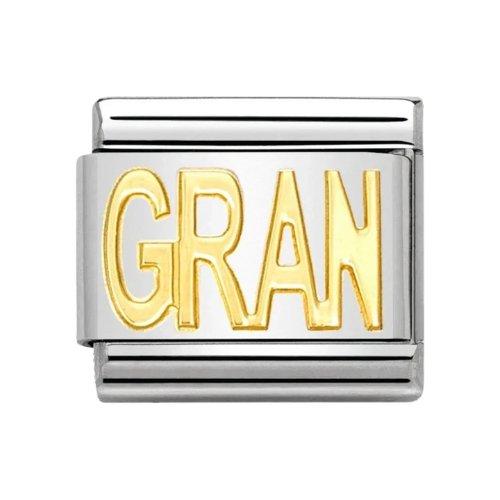 Niche Jewellery Nomination Classic composable charm in stainless steel with 18k gold GRAN lettering.