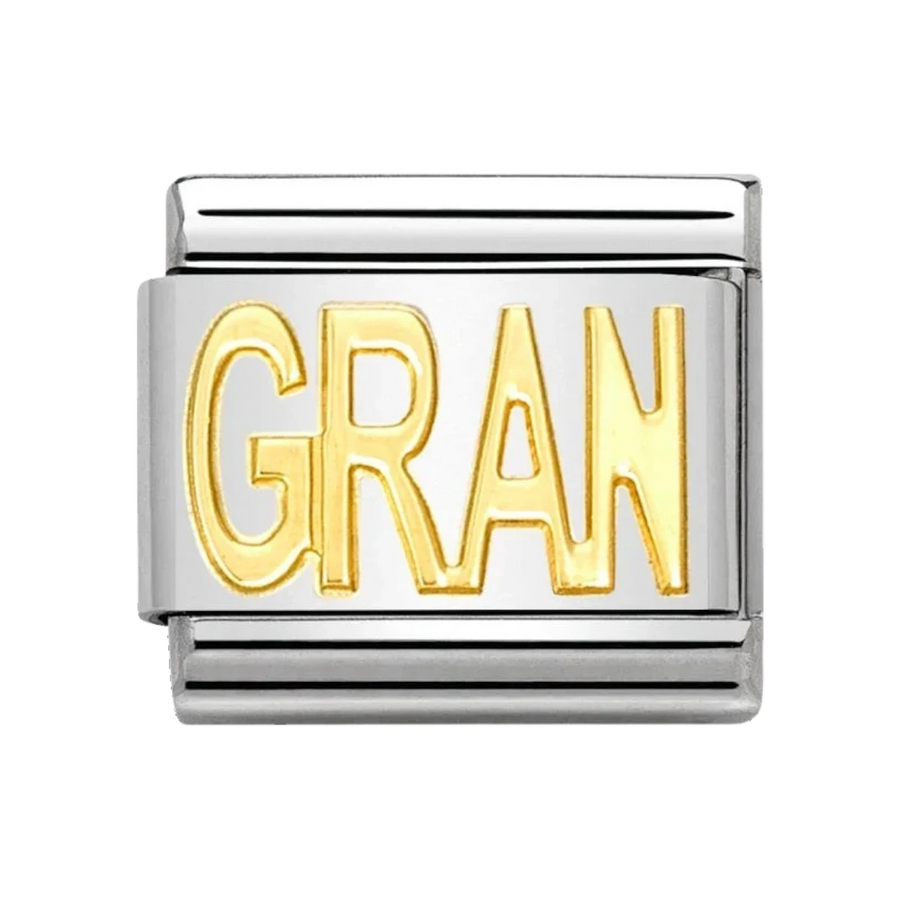 Niche Jewellery Nomination Classic composable charm in stainless steel with 18k gold GRAN lettering.