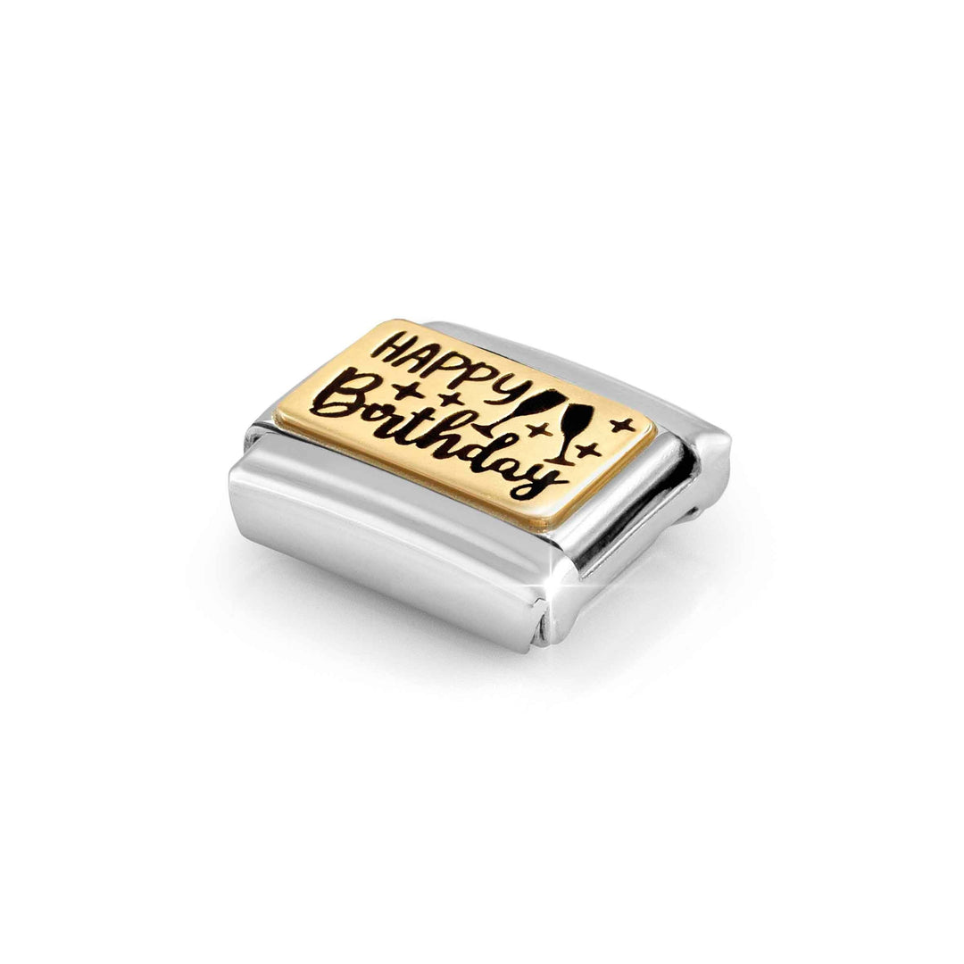 Niche Jewellery Nomination Gold and Enamel Happy Birthday Charm worn on model