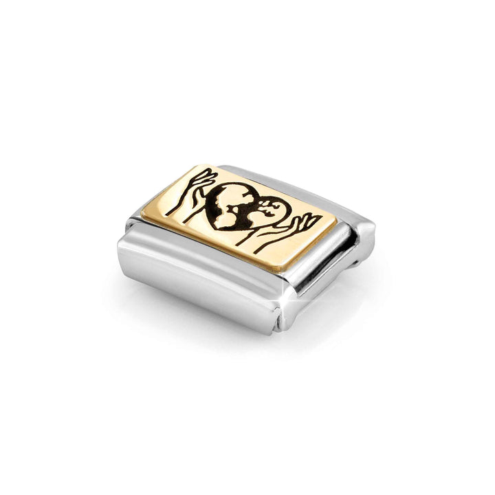 Niche Jewellery Nomination Gold World in Your Hands Charm worn on model