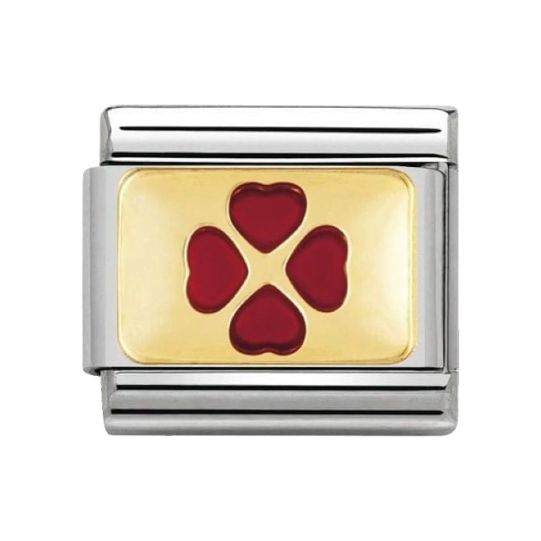 Nomination Gold Red Enamel Good Luck Four Leaf Clover Charm