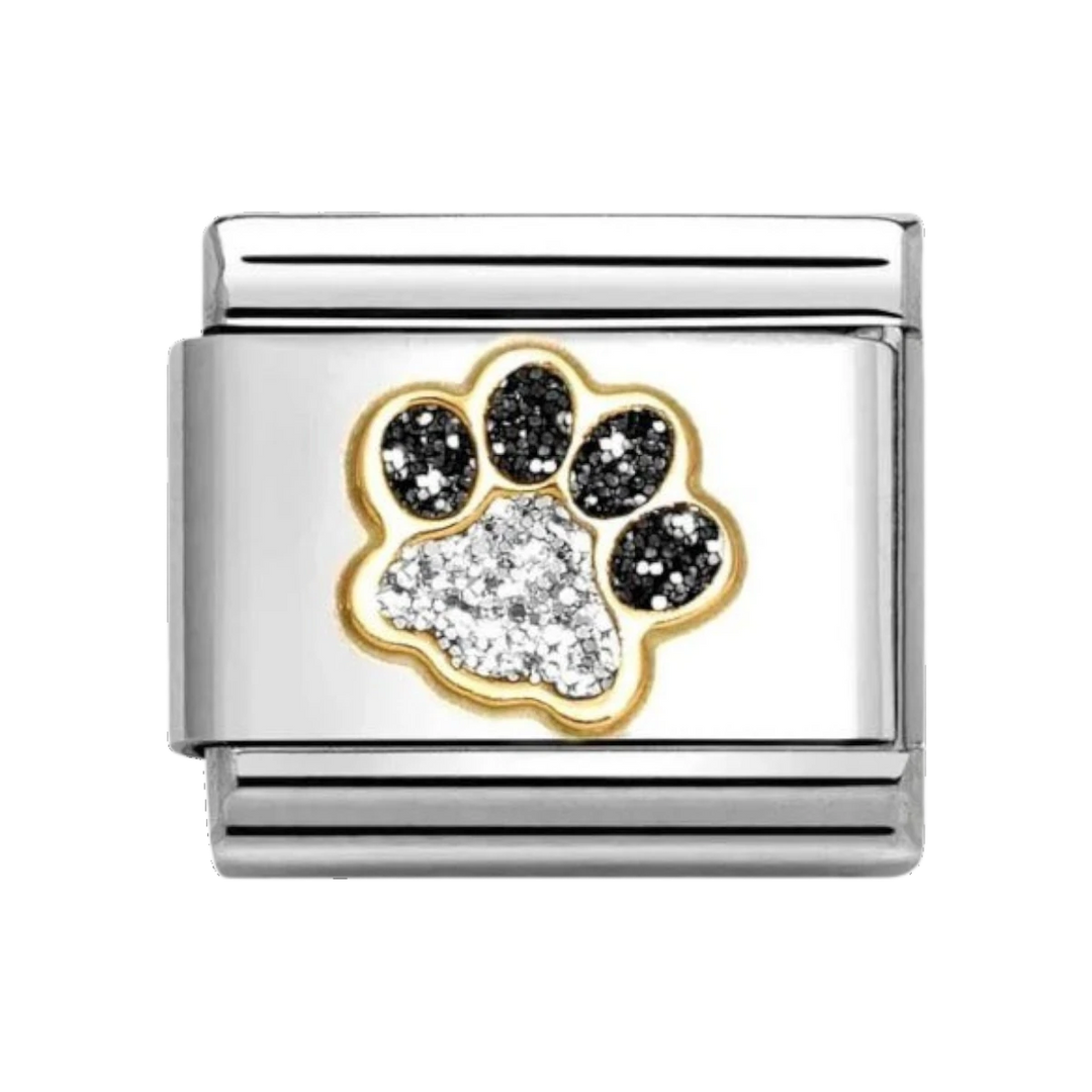 Nomination Classic Black and Silver Glitter Charm Gold Paw Print