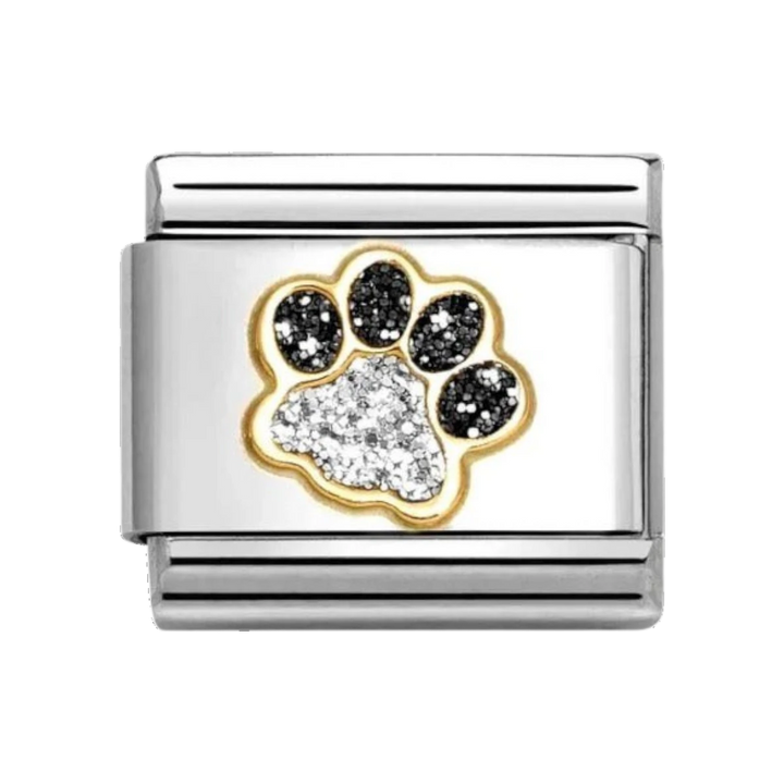 Nomination Classic Black and Silver Glitter Charm Gold Paw Print