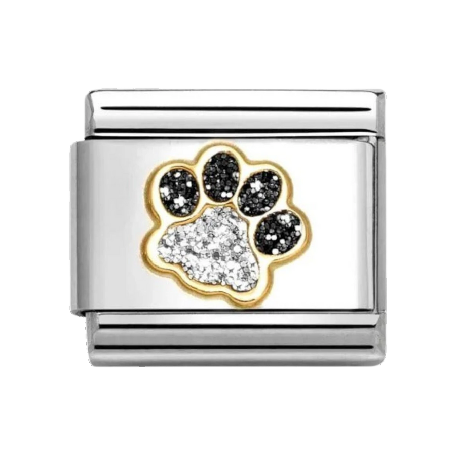 Nomination Classic Black and Silver Glitter Charm Gold Paw Print