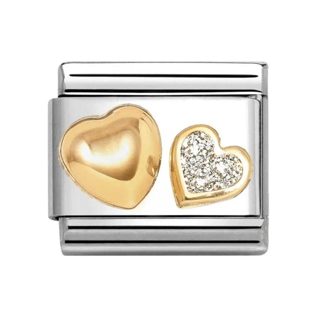 Nomination Classic Gold Domed Heart with Glitter Heart Charm. Item code 030220/26