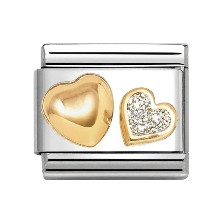 Nomination Classic Gold Domed Heart with Glitter Heart Charm. Item code 030220/26
