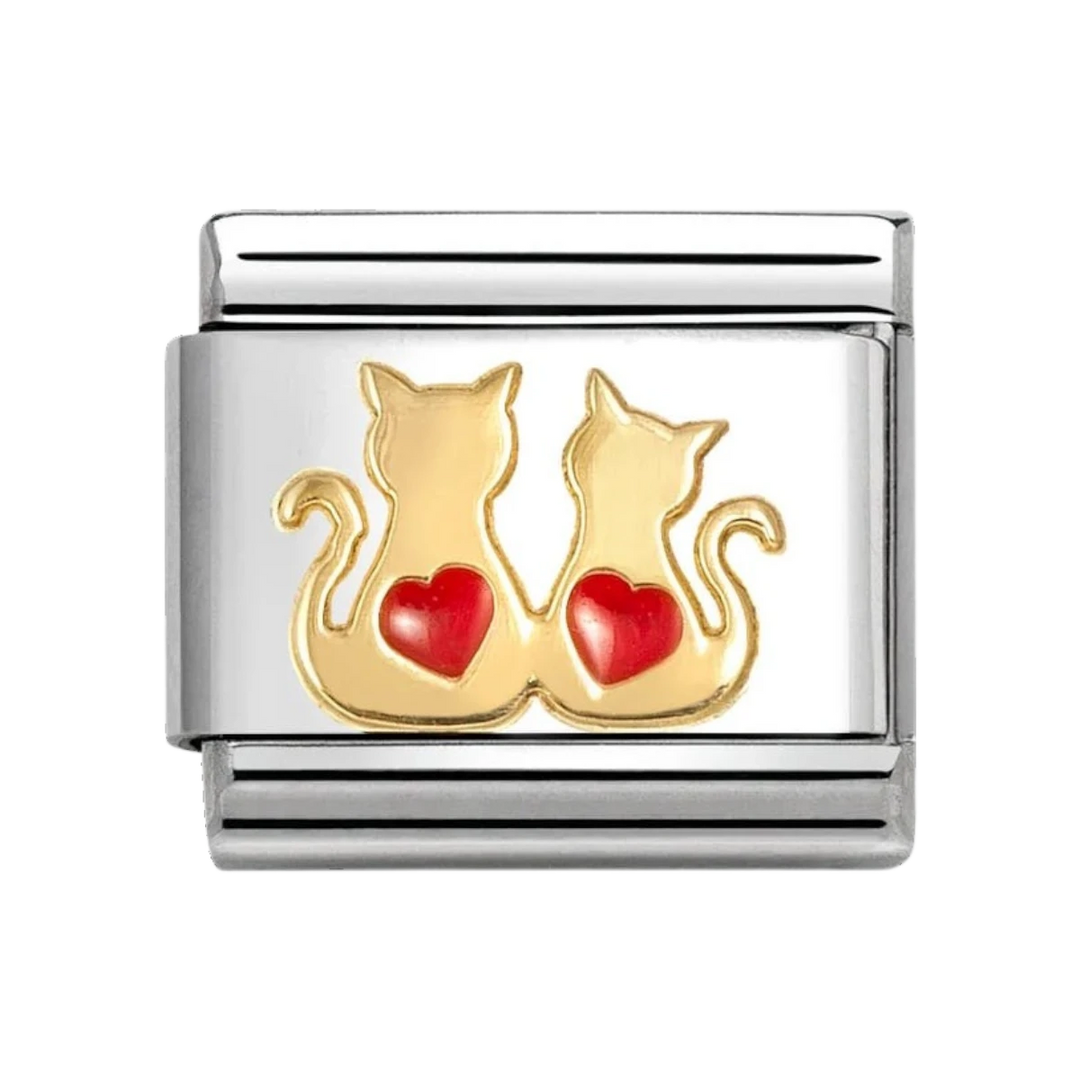 Nomination Two Gold Cats with Red Hearts Charm