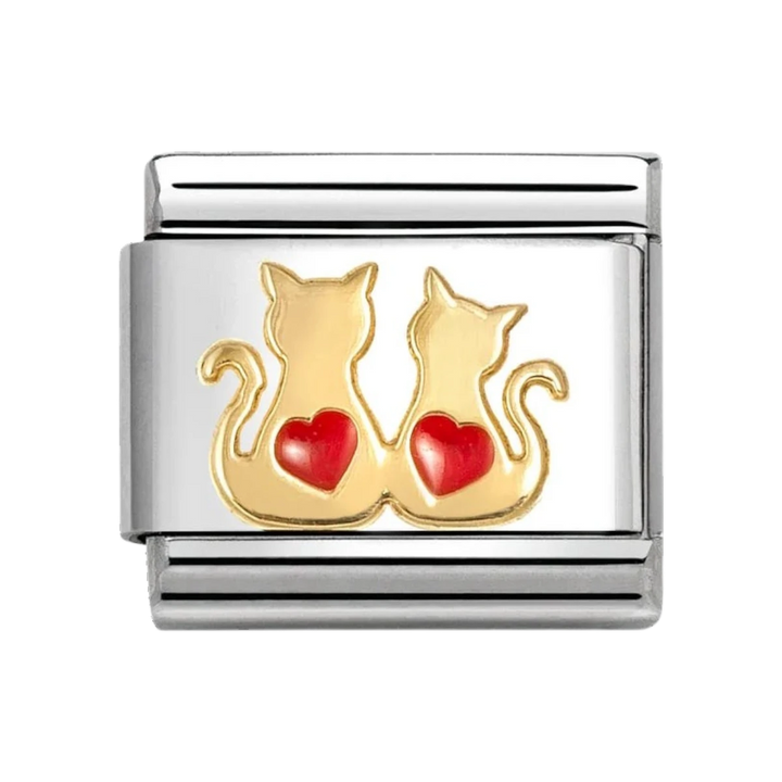 Nomination Two Gold Cats with Red Hearts Charm