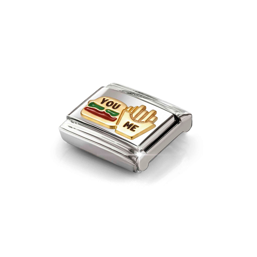 Niche Jewellery Nomination Gold and Enamel Burger and Fries Charm detail