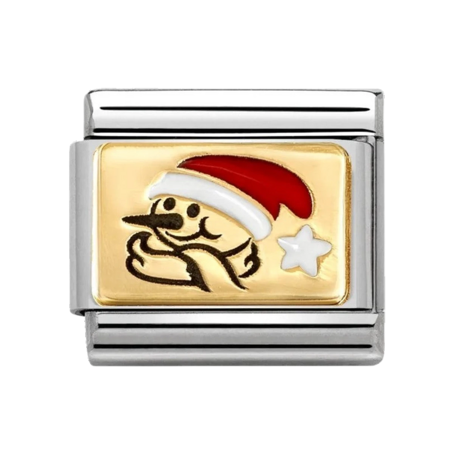 Nomination Classic Gold and Enamel Snowman in Santa Hat Charm. Item code 030289/12