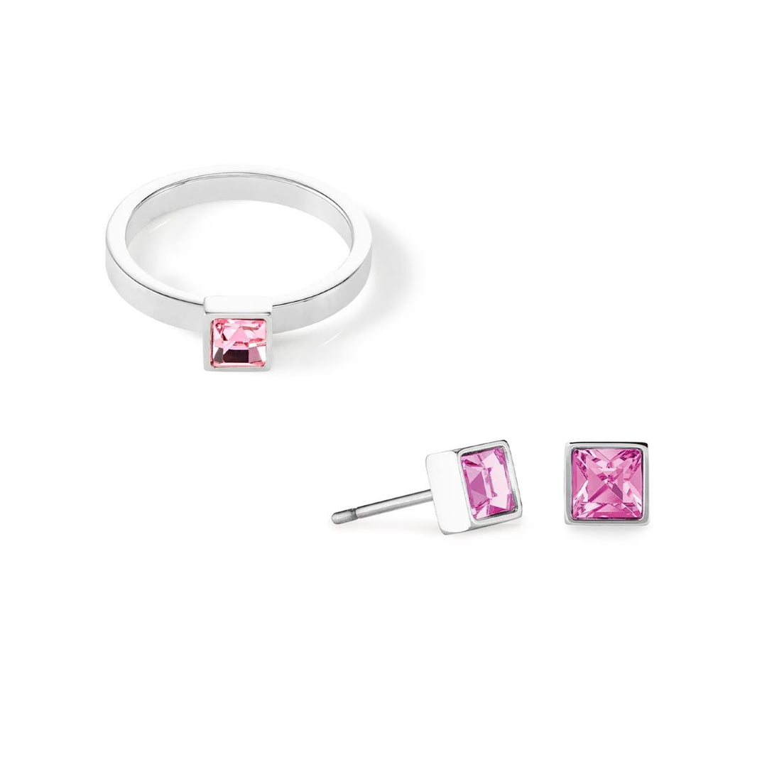 Coeur De Lion Square Stud Silver Earrings - Pink Crystal