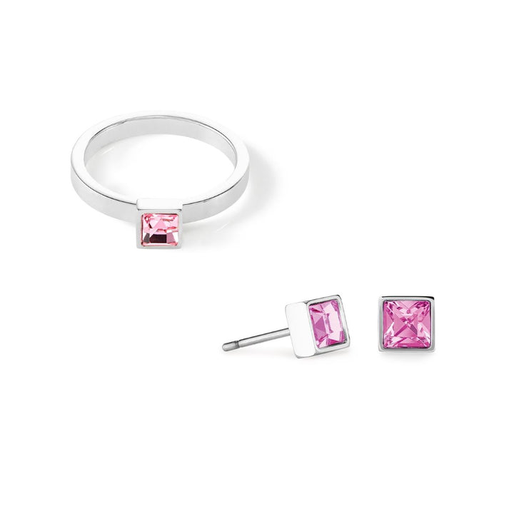 Coeur De Lion Square Stud Silver Earrings - Pink Crystal