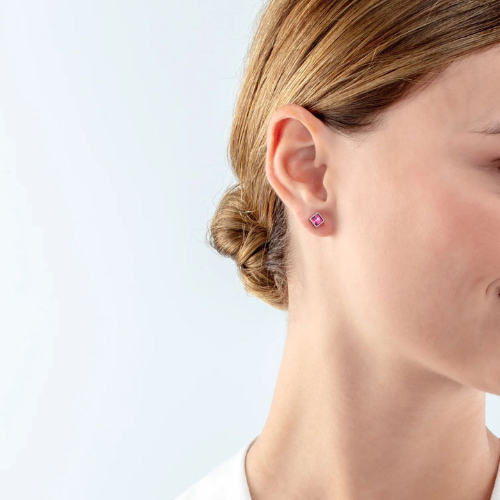Coeur De Lion Square Stud Silver Earrings - Pink Crystal