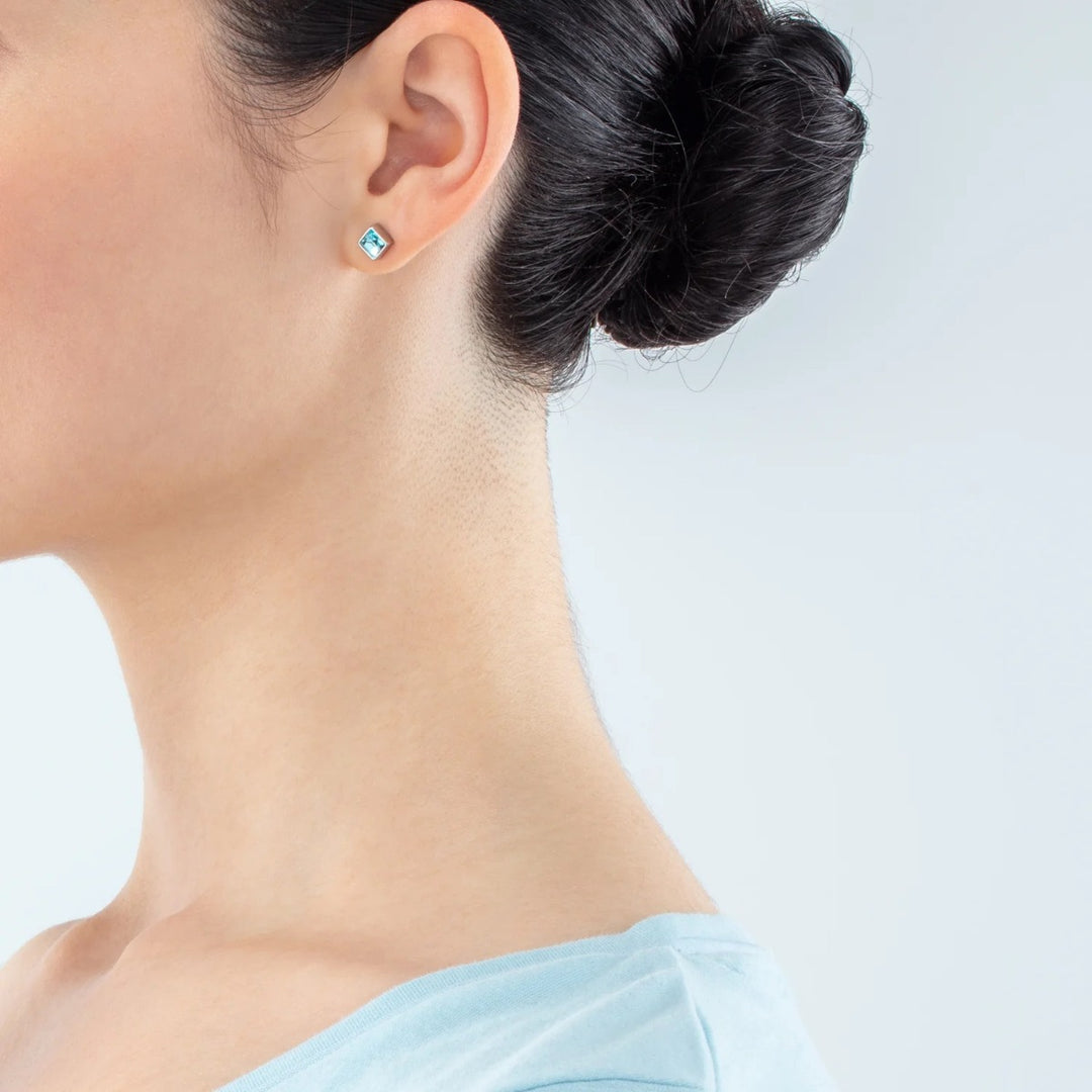 Coeur De Lion Square Stud Silver Earrings - Aqua Crystal