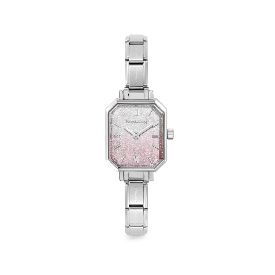 Nomination Paris Pink Fade Glitter Rectangular Dial Charm Watch. Item code 076037/034
