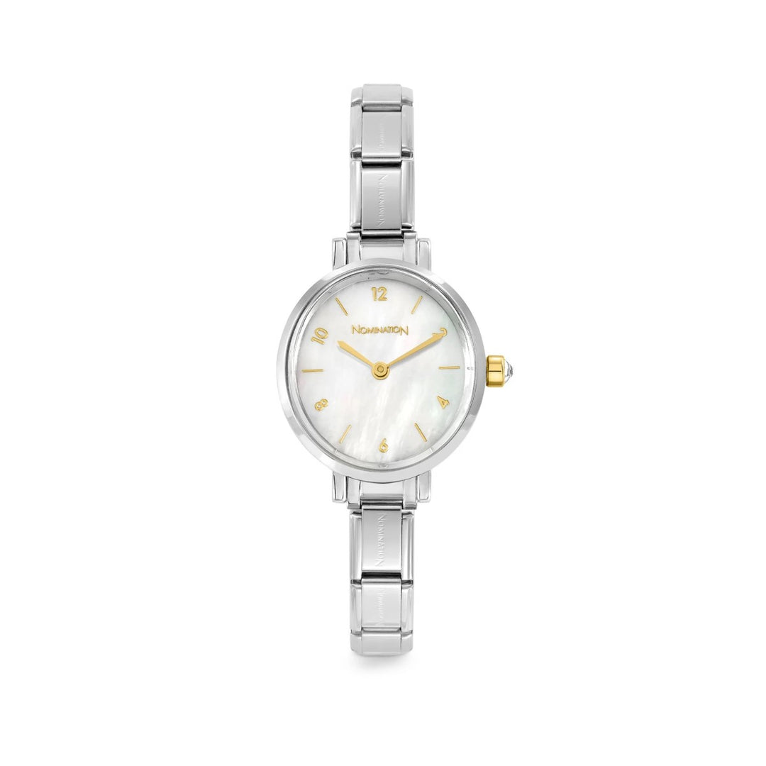 Nomination Paris Silver Oval White Mother of Pearl with Gold Markers Charm Watch. Item code 076040/008