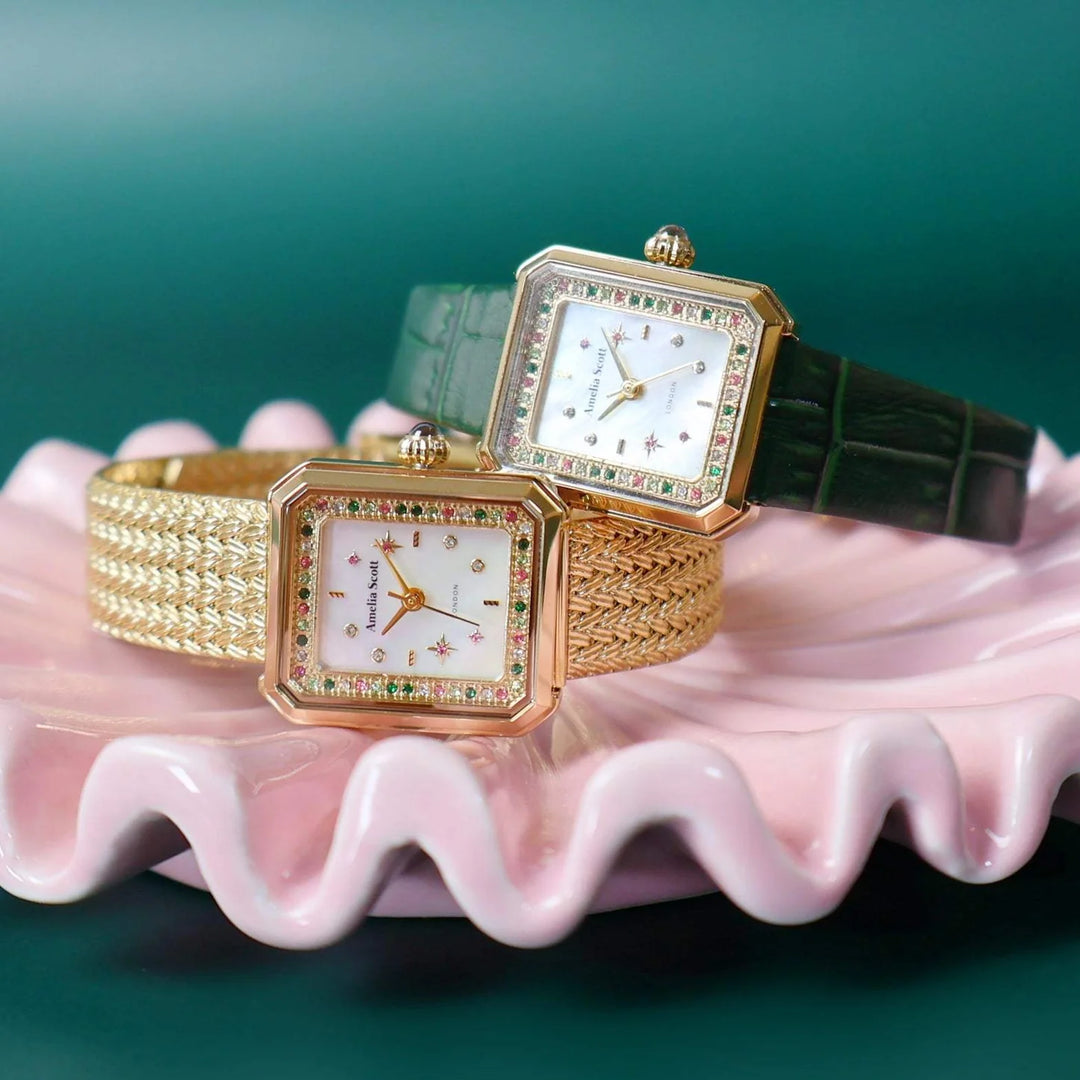 Amelia Scott Celeste Stargazer Emerald Green Croc Strap Gold Rectangular Watch