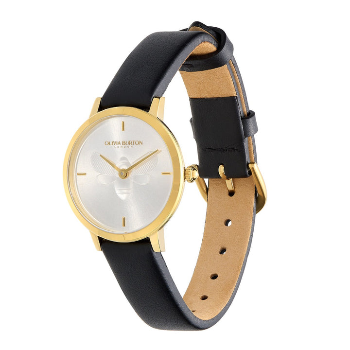 Olivia Burton Bee Ultra Slim Gold and Black Leather Strap Watch