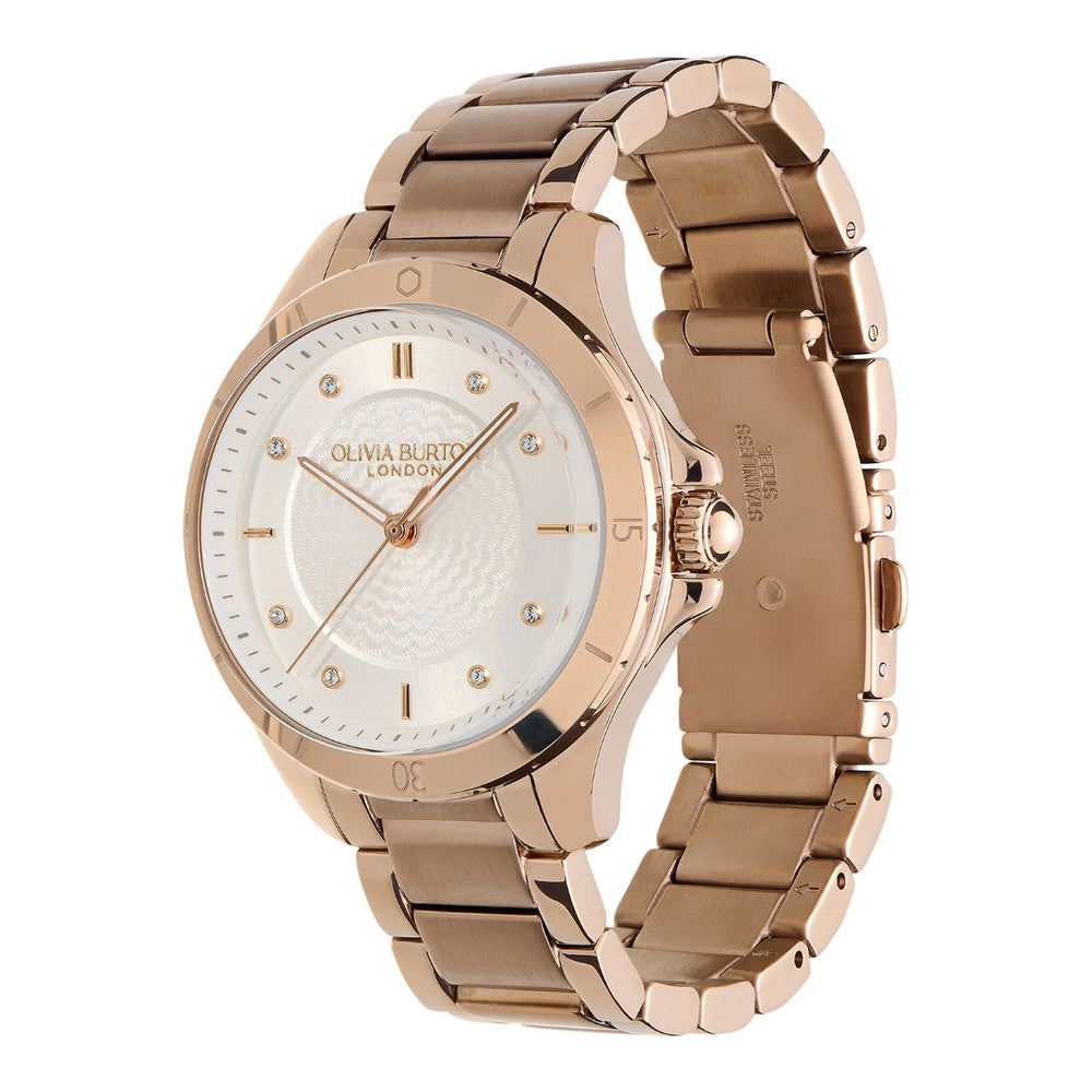 Olivia Burton Guilloche Metallic White & Carnation Gold Bracelet Watch