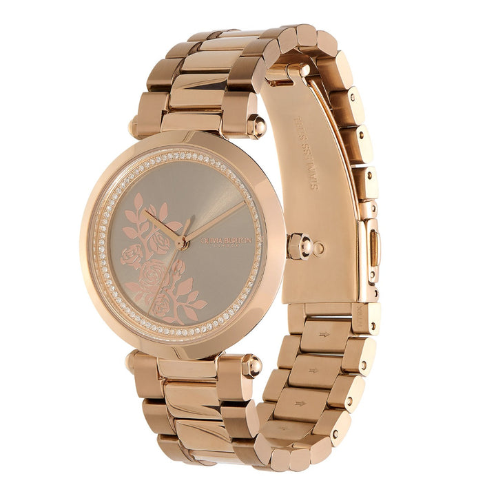 Olivia Burton Floral T-Bar Grey and Carnation Gold Bracelet Watch