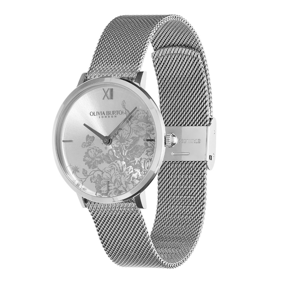 Olivia Burton Signature 35mm Floral Blooms Ultra Slim Silver Mesh Watch - 24000115