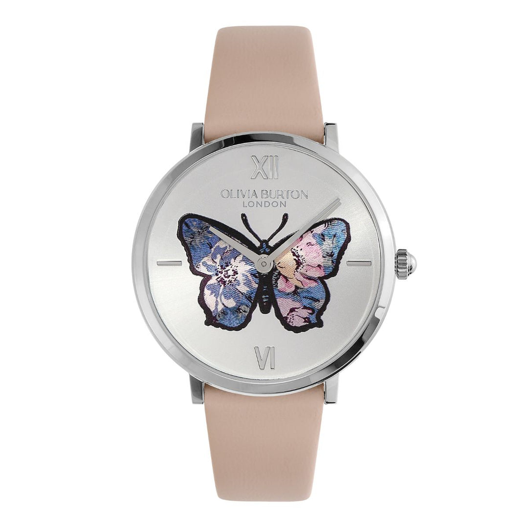 Olivia Burton Signature Butterfly Ultra Slim Silver and Nude Leather Strap Watch - 24000145