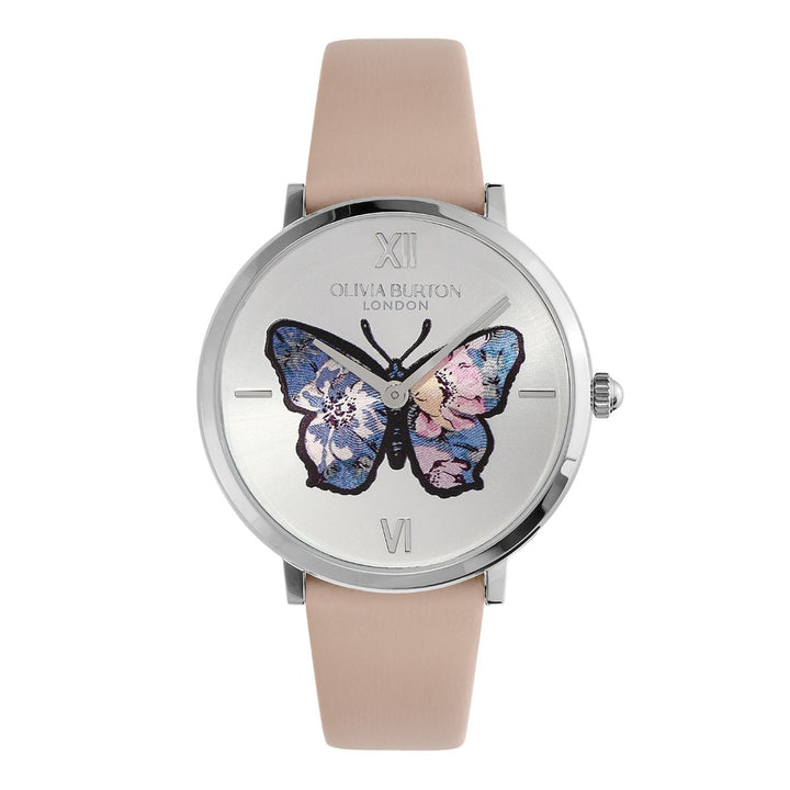 Olivia Burton Signature Butterfly Ultra Slim Silver and Nude Leather Strap Watch - 24000145