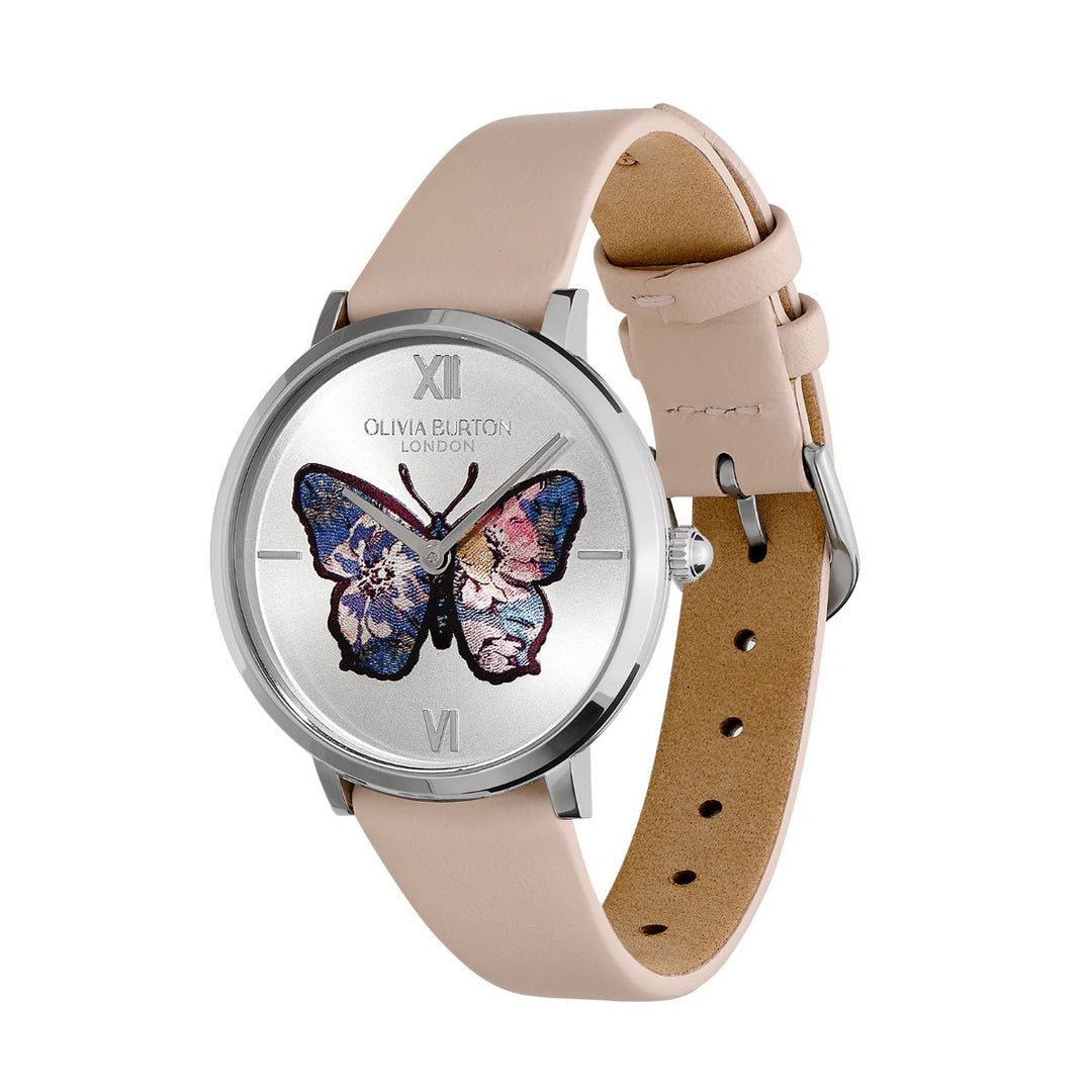 Olivia Burton Signature Butterfly Ultra Slim Silver and Nude Leather Strap Watch - 24000145