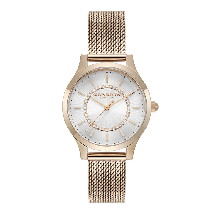 Olivia Burton White and Rose Gold Mesh Watch 24000213