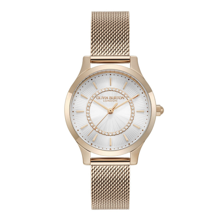 Olivia Burton White and Rose Gold Mesh Watch 24000213