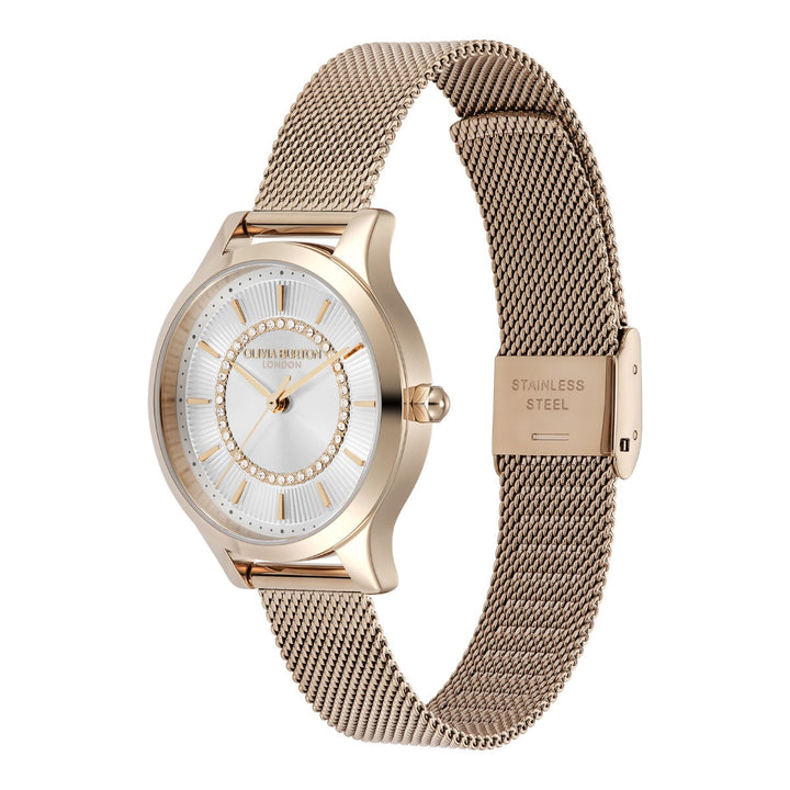 Olivia Burton White and Rose Gold Mesh Watch 24000213