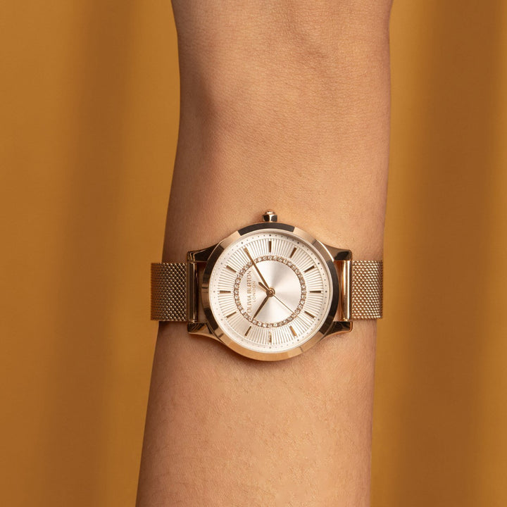 Olivia Burton White and Rose Gold Mesh Watch 24000213