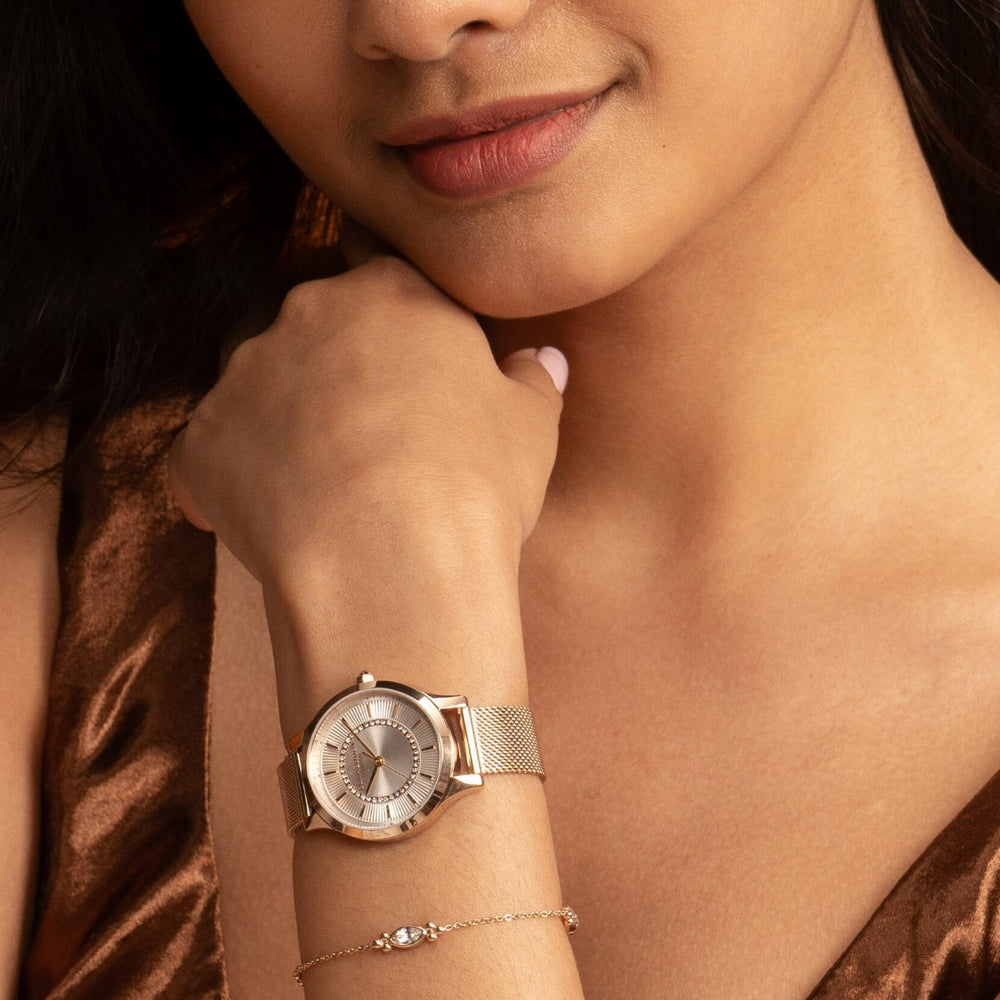 Olivia Burton White and Rose Gold Mesh Watch 24000213