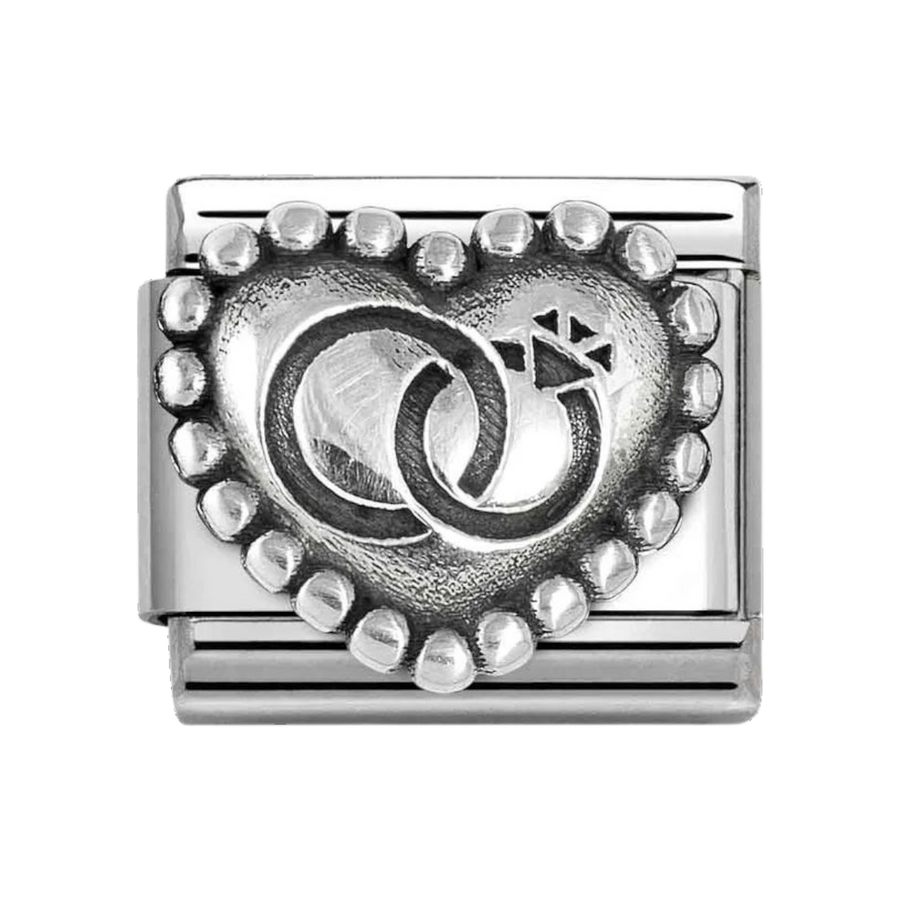 Niche Jewellery Nomination charm featuring an oxidised silver heart with wedding rings and dot detailing.