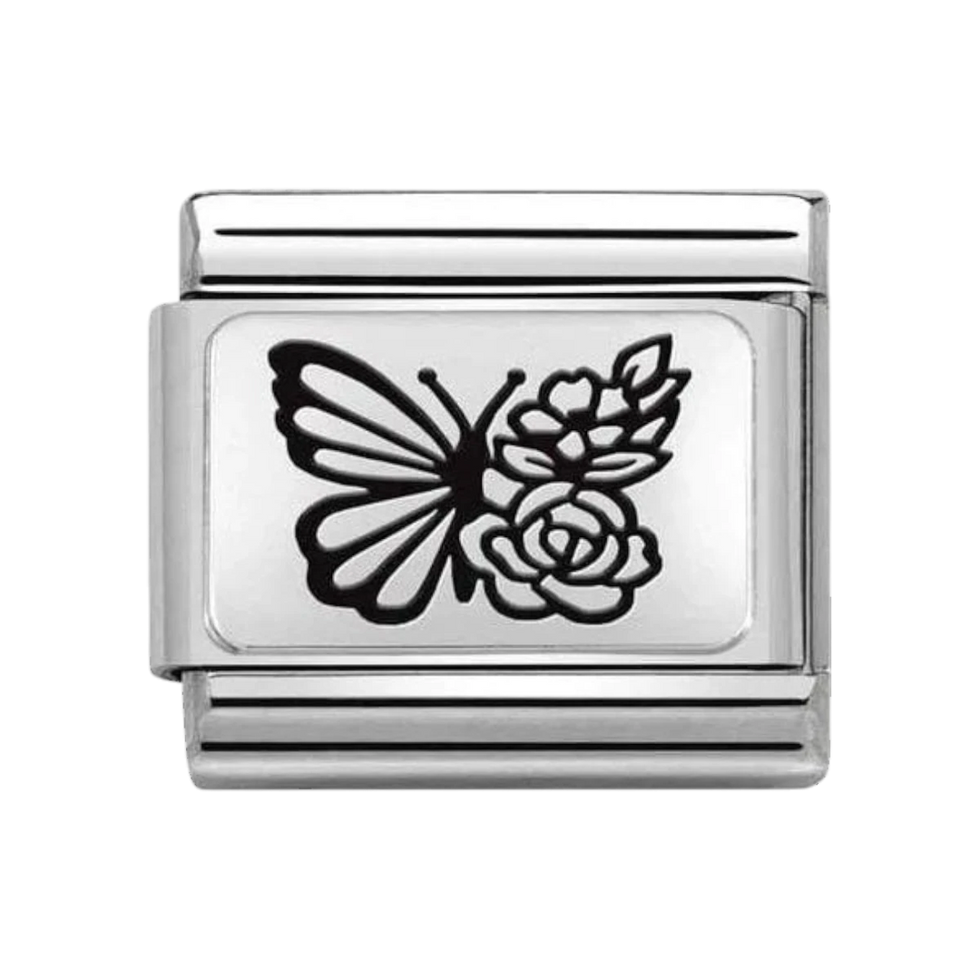 Nomination Silver and Black Enamel Butterfly with Flowers Charm