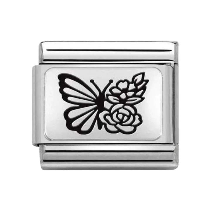 Nomination Silver and Black Enamel Butterfly with Flowers Charm