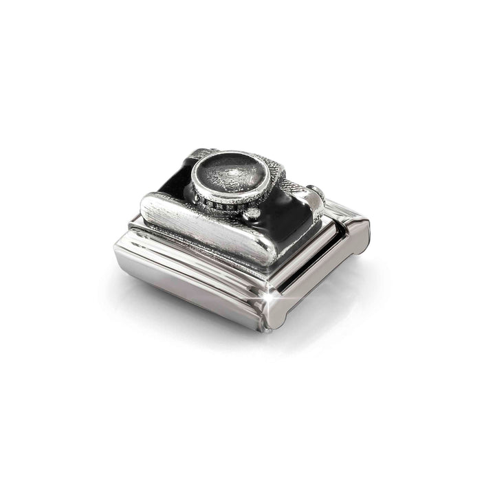 Niche Jewellery Nomination Silver and Black Enamel Camera Charm worn on model