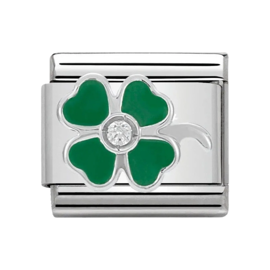 Nomination Classic Silver Green Enamel and Zirconia Four Leaf Clover Charm 330305/13