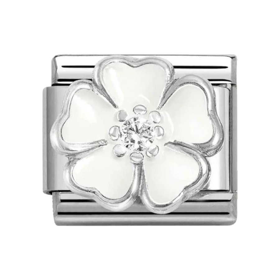 Nomination Classic Silver White Enamel and Zirconia Flower Charm. Item code 330321/15