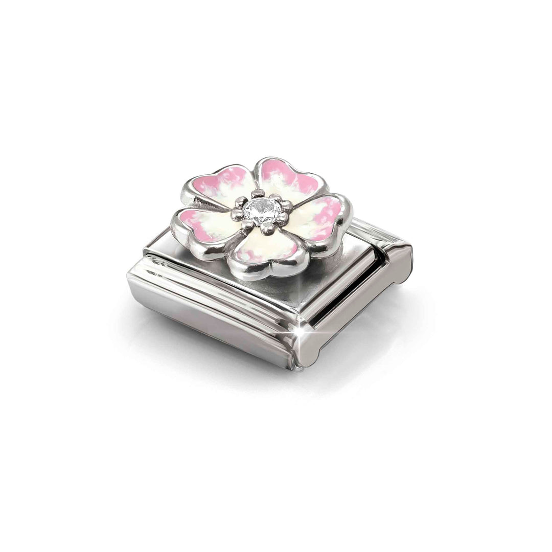 Niche Jewellery Nomination Silver Pink White Enamel and Zirconia Flower Charm worn on model