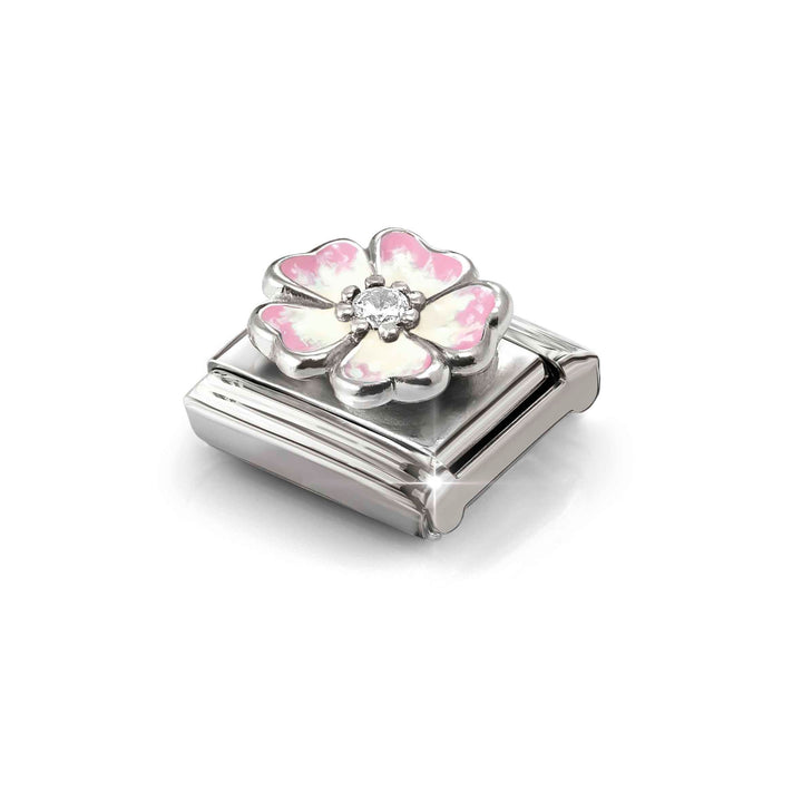 Niche Jewellery Nomination Silver Pink White Enamel and Zirconia Flower Charm worn on model