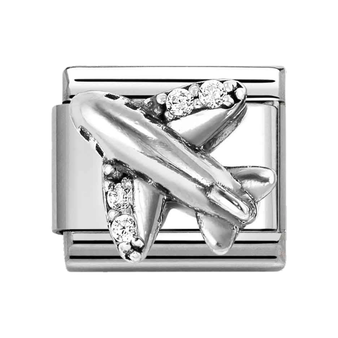 Niche Jewellery Nomination Silver Oxidised and Zirconia White Airplane Charm