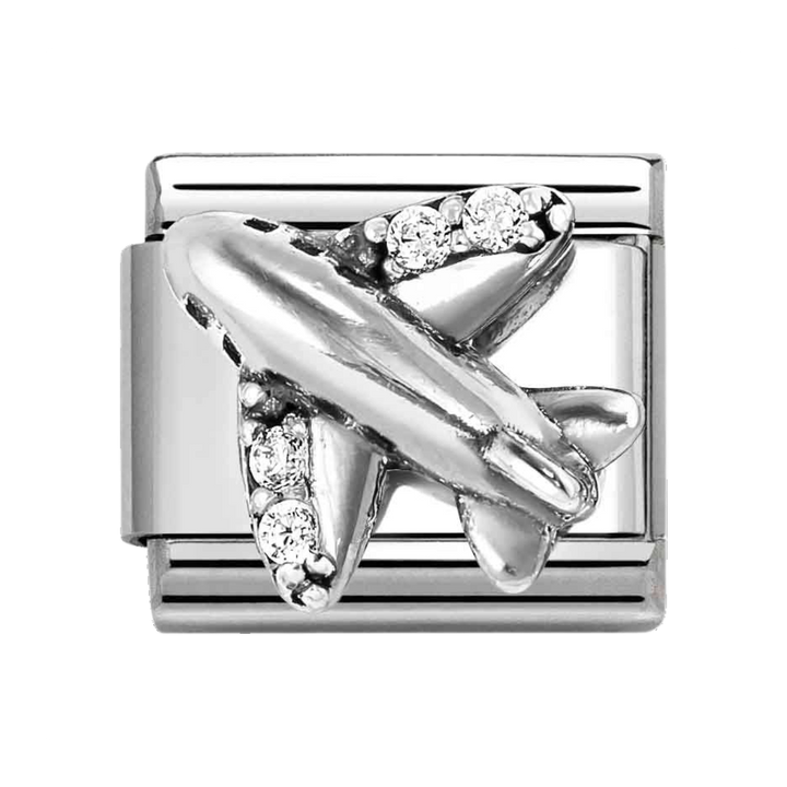 Niche Jewellery Nomination Silver Oxidised and Zirconia White Airplane Charm