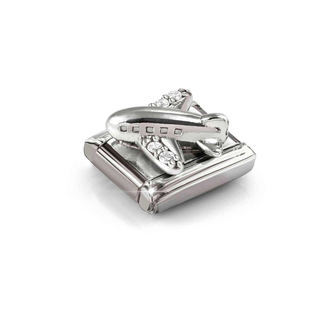 Niche Jewellery Nomination Silver Oxidised and Zirconia White Airplane Charm worn on model