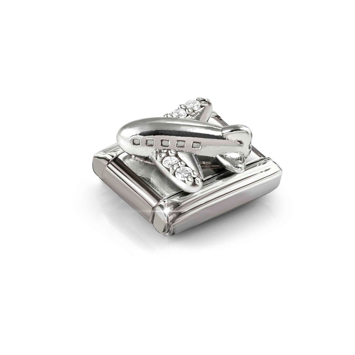 Niche Jewellery Nomination Silver Oxidised and Zirconia White Airplane Charm worn on model